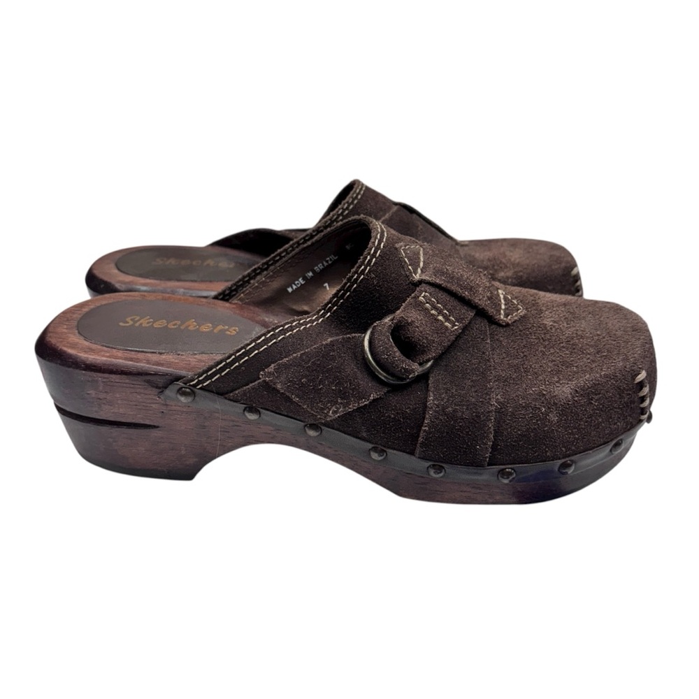 SKECHERS Vintage Wooden Clogs Platform Brown Leather Slip On 7